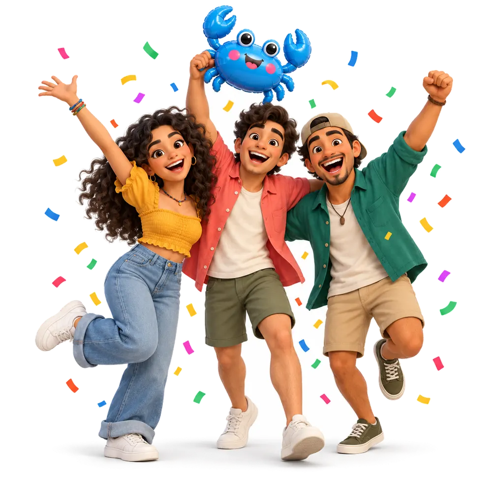 Tres amigos bailan entre confeti; uno levanta una jaiba inflable.
